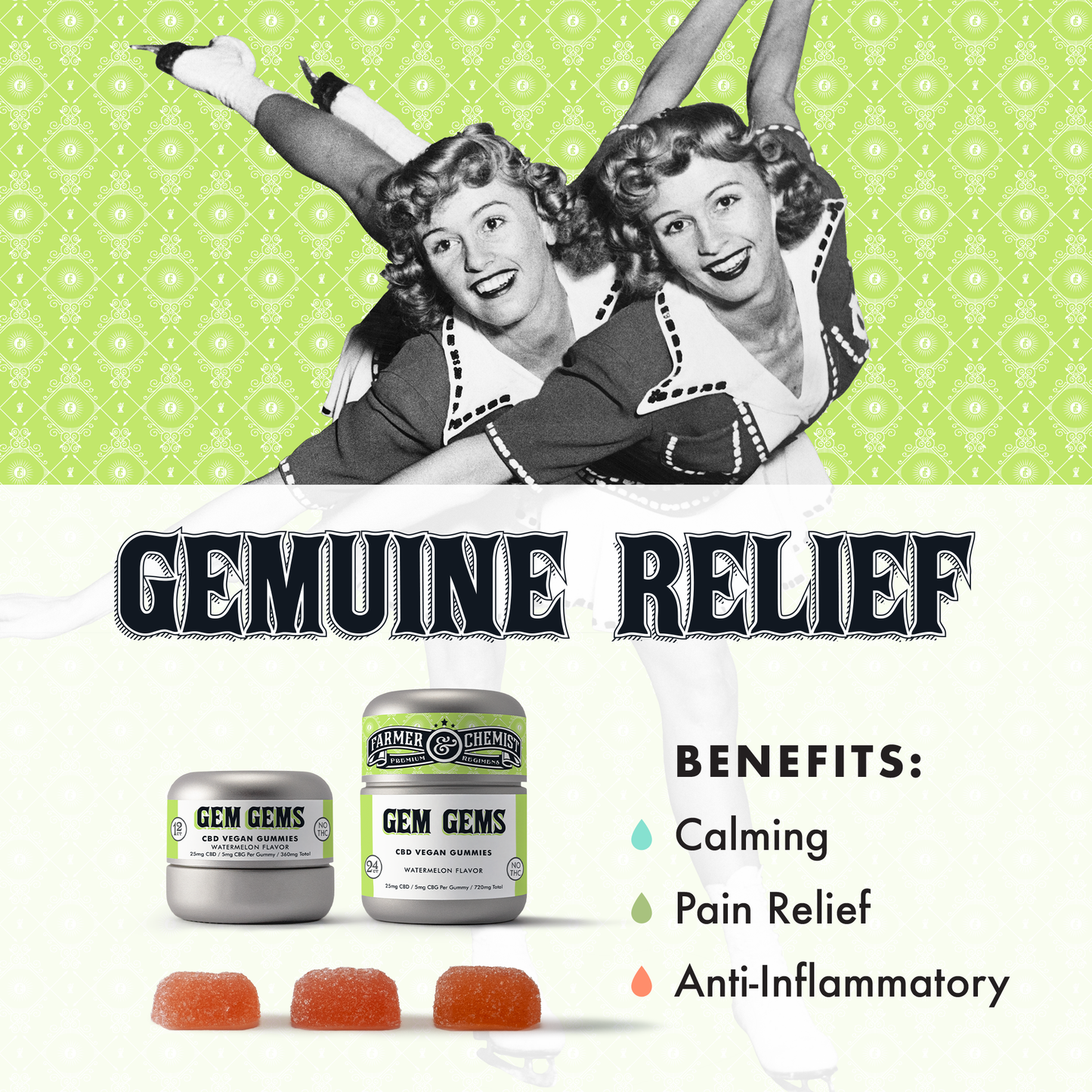 GEM GEMS - 12ct 35mg CBD / 20mg CBG Per Gummy Watermelon Flavor - Pain & Anti-Inflammatory